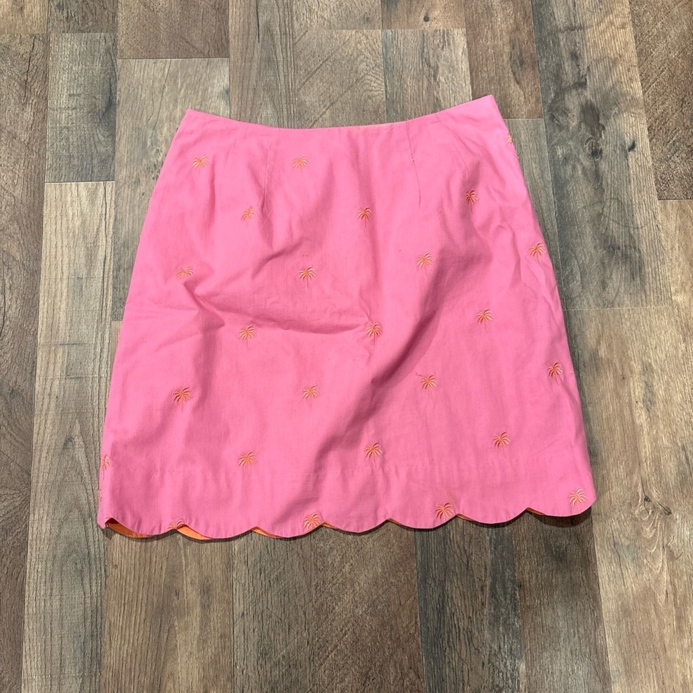 Lilly Pulitzer Pink Mini Skirt with Scalloped Hem embroidered Orange palm trees